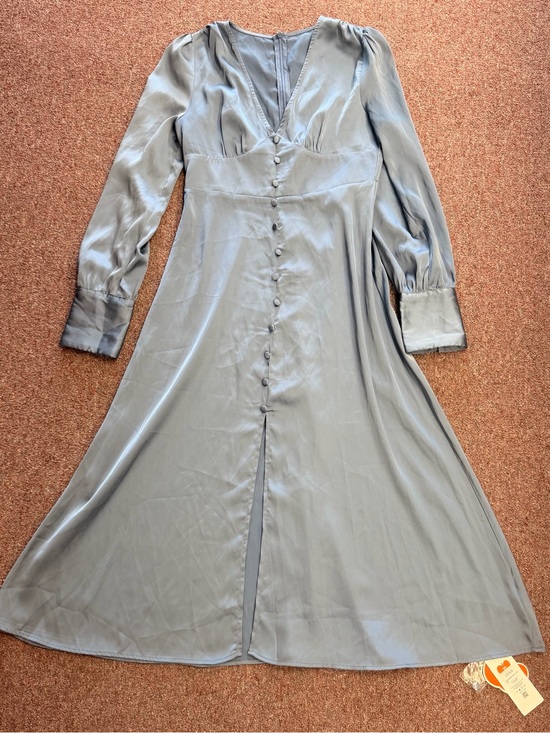 Cider Dresses & Skirts - Cider Dusty Blue Satin Long-Sleeve Midi Dress